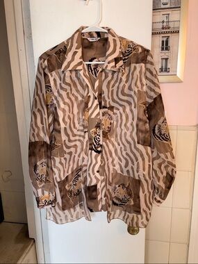 Brown Animal Print Button-Up Blouse